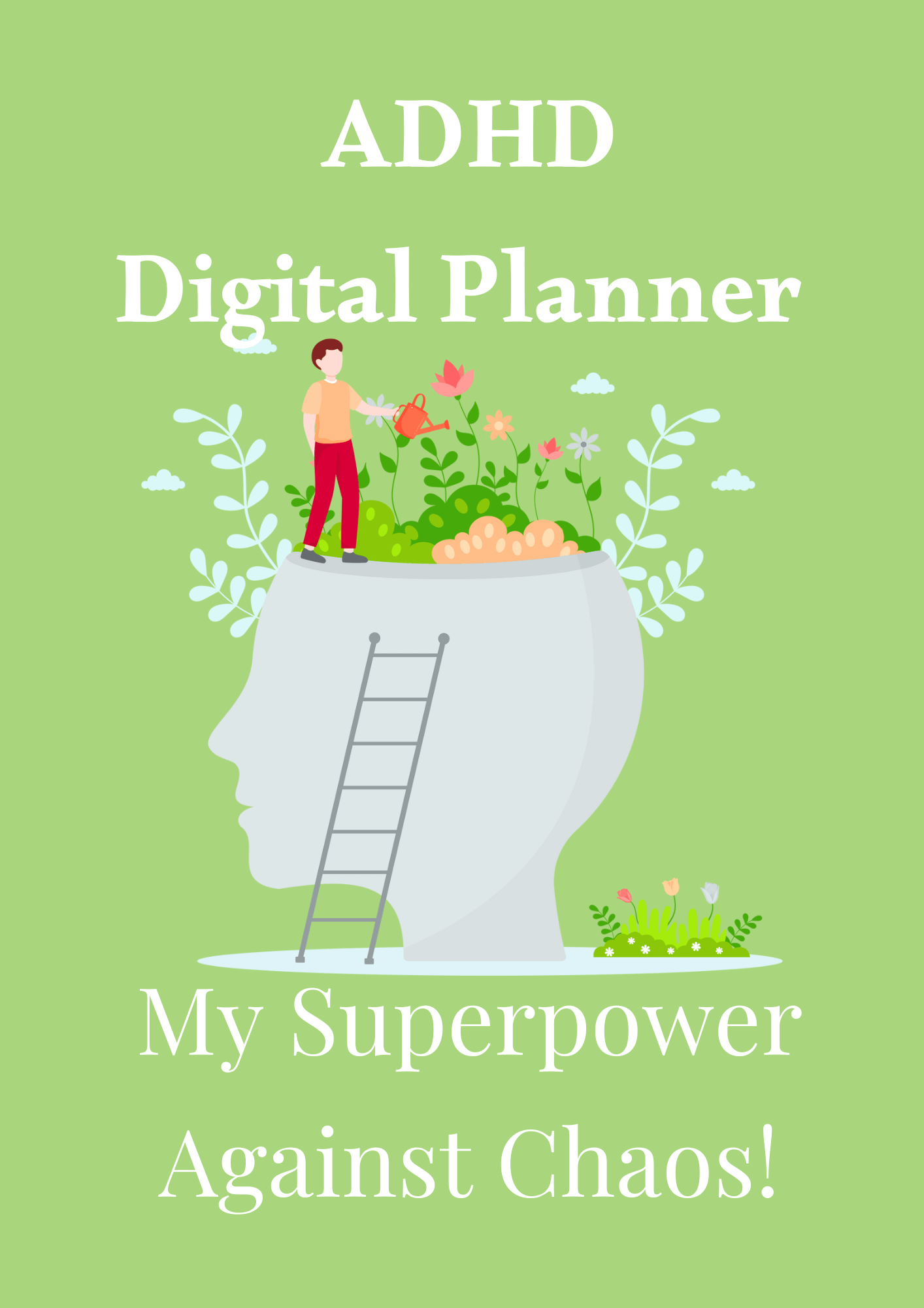ADHD Digital Planner cover featuring a person gardening inside a head symbolizing focus and productivity.